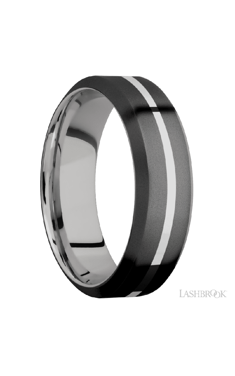 7 mm wide/High Bevel/Zirconium band with one 1 mm Centered inlay of Palladium Silver also featuring a Palladium Silver sleeve.