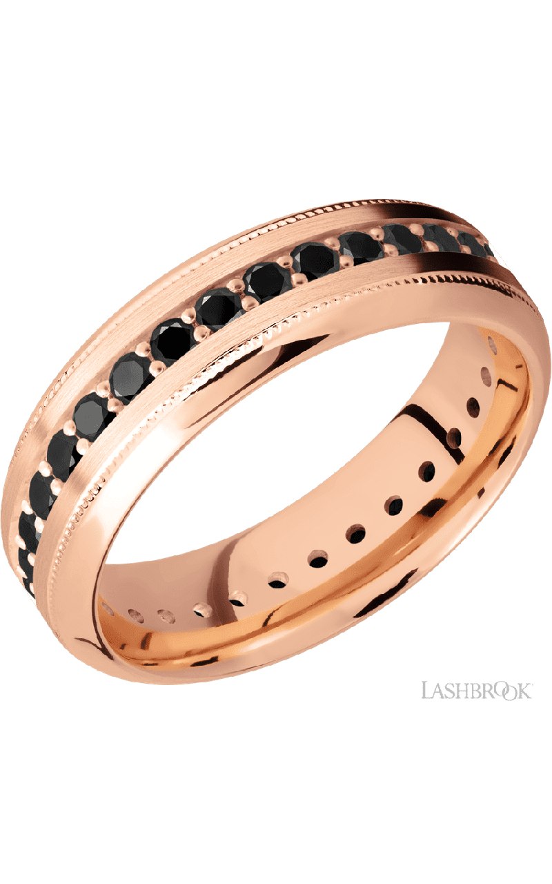 7 mm wide/High Bevel Milgrain/14K Rose Gold band with an Eternity arrangement of .03 carat Round Black Diamond stones in a Bead Channel setting.