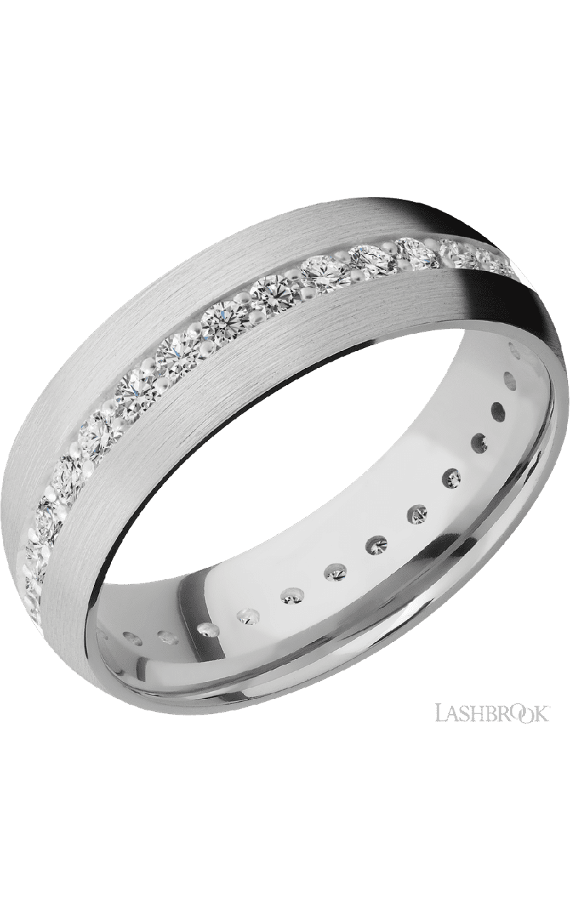 7 mm wide/Domed/14K White Gold band with an Eternity arrangement of .03 carat Round Diamond stones in a Bead Channel setting.