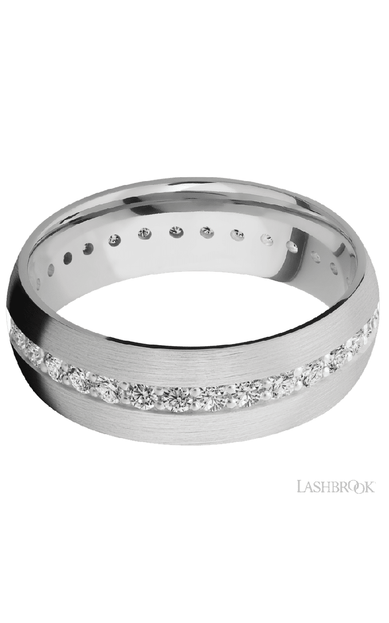 7 mm wide/Domed/14K White Gold band with an Eternity arrangement of .03 carat Round Diamond stones in a Bead Channel setting.