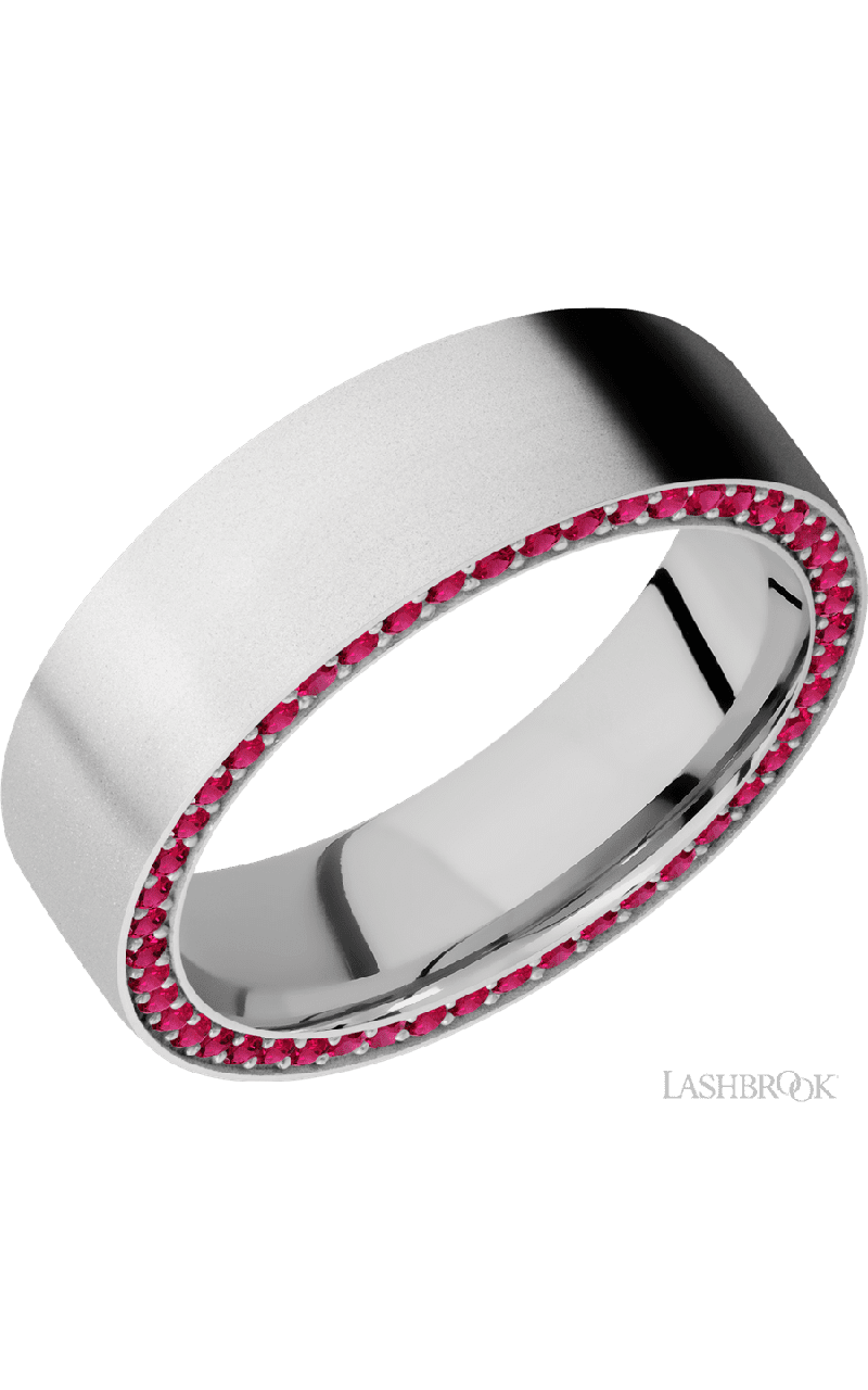 7 mm wide/Flat/14K White Gold band with a Side Eternity arrangement of .01 carat Round Ruby stones in a Bead Channel setting.