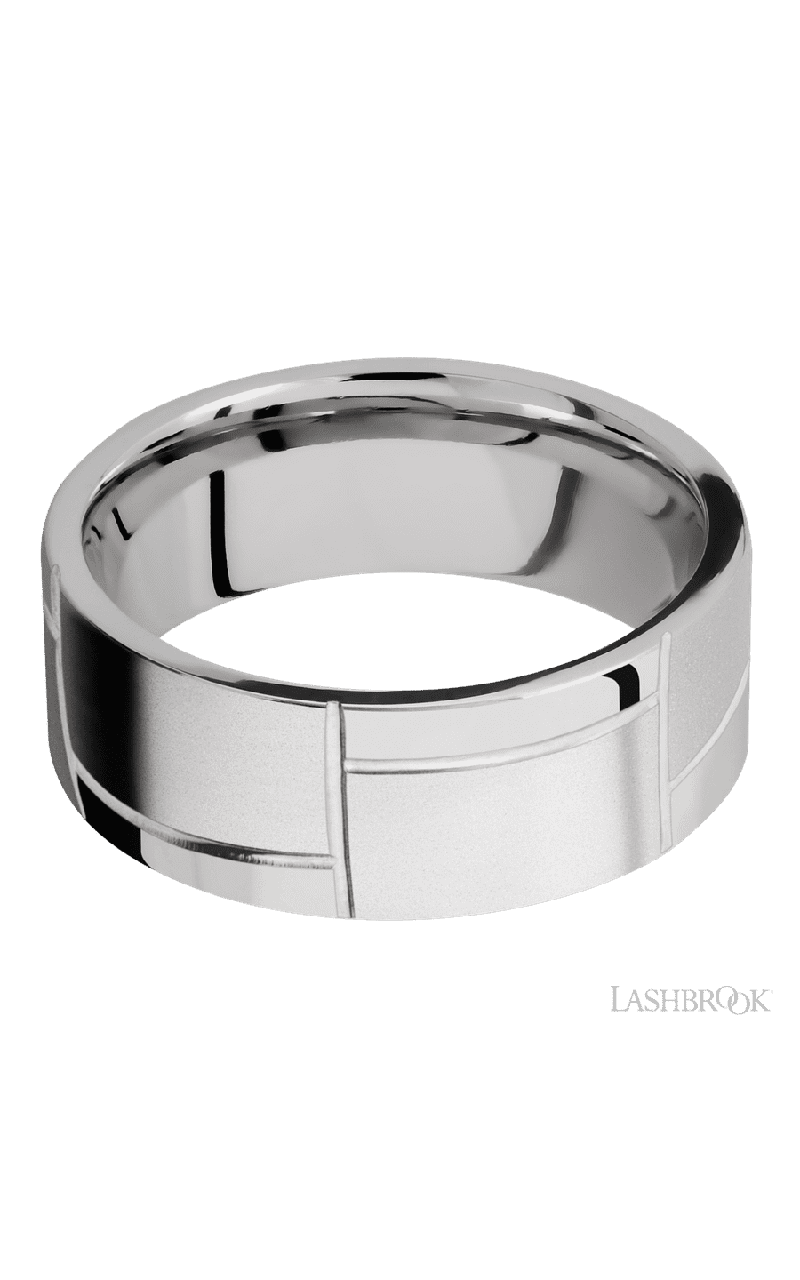 8 mm wide/Flat/14K White Gold band with a machined 3GOCHR pattern.