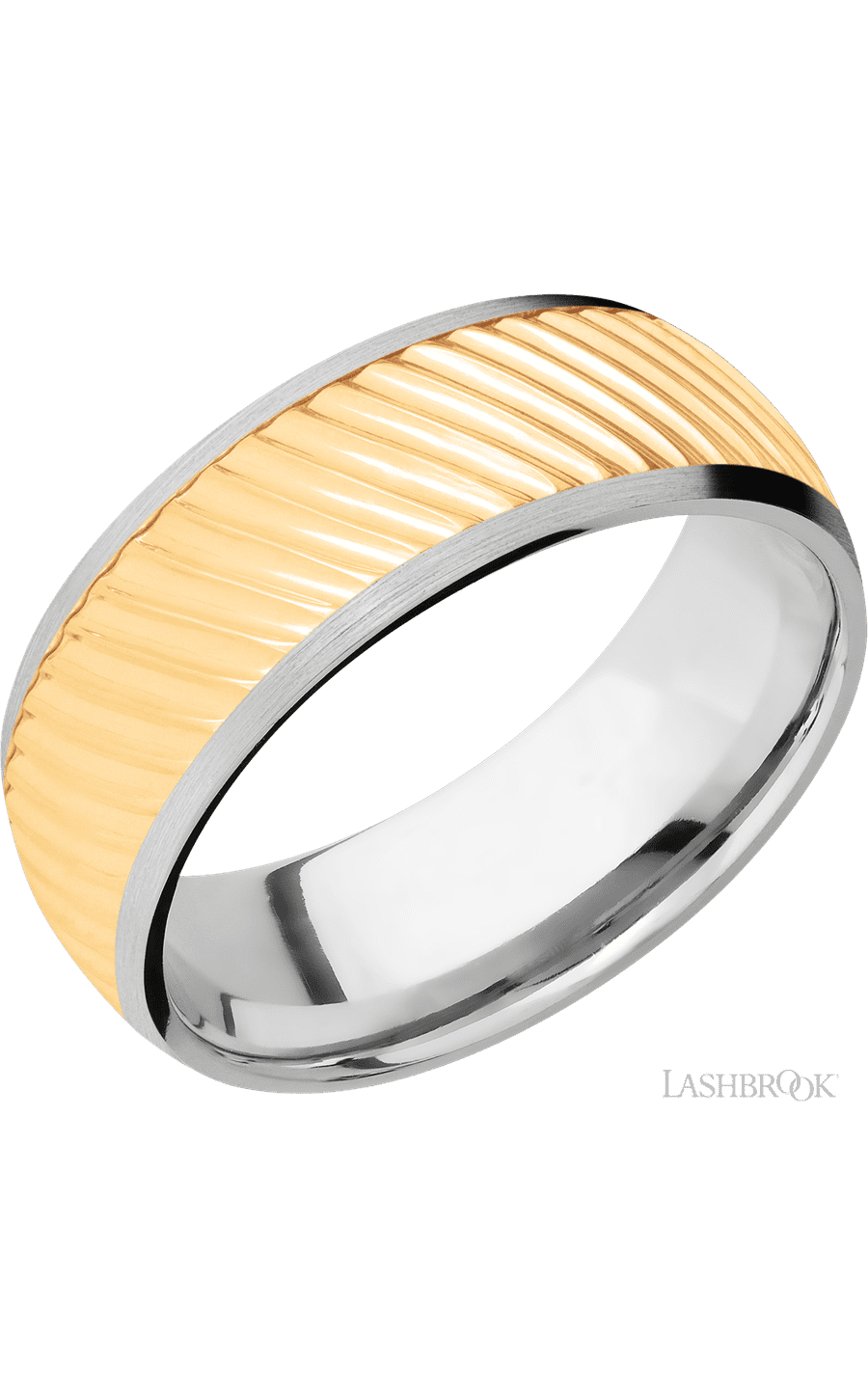 8 mm wide/Domed/14K White Gold band with one 6 mm Centered inlay of 14K Yellow Gold with a machined Ripple pattern.