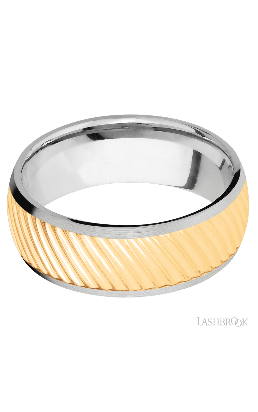 8 mm wide/Domed/14K White Gold band with one 6 mm Centered inlay of 14K Yellow Gold with a machined Ripple pattern.