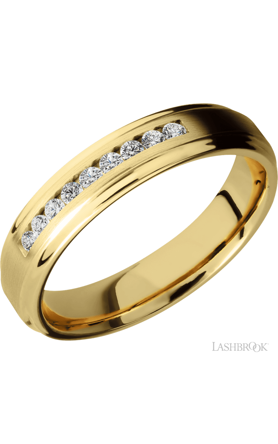 5 mm wide/Flat Grooved Edges/14K Yellow Gold band with an  arrangement of 9, .03 carat Round Diamond stones in a Channel setting.