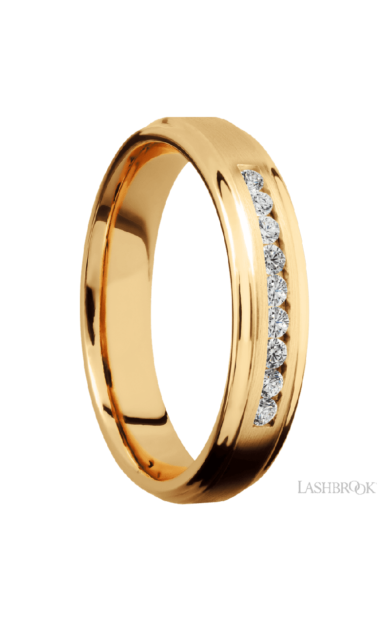 5 mm wide/Flat Grooved Edges/14K Yellow Gold band with an  arrangement of 9, .03 carat Round Diamond stones in a Channel setting.