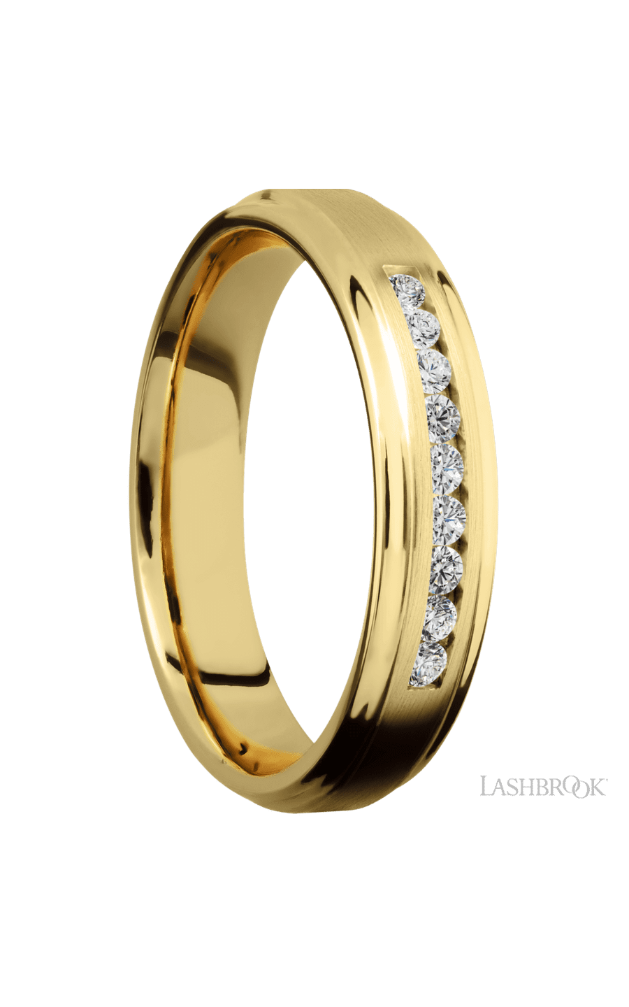 5 mm wide/Flat Grooved Edges/14K Yellow Gold band with an  arrangement of 9, .03 carat Round Diamond stones in a Channel setting.