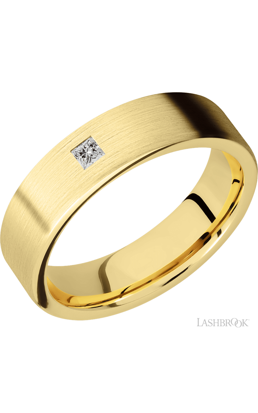 6 mm wide/Flat/14K Yellow Gold band with an  arrangement of 1, .1 carat Princess Diamond stones in a Flush setting.
