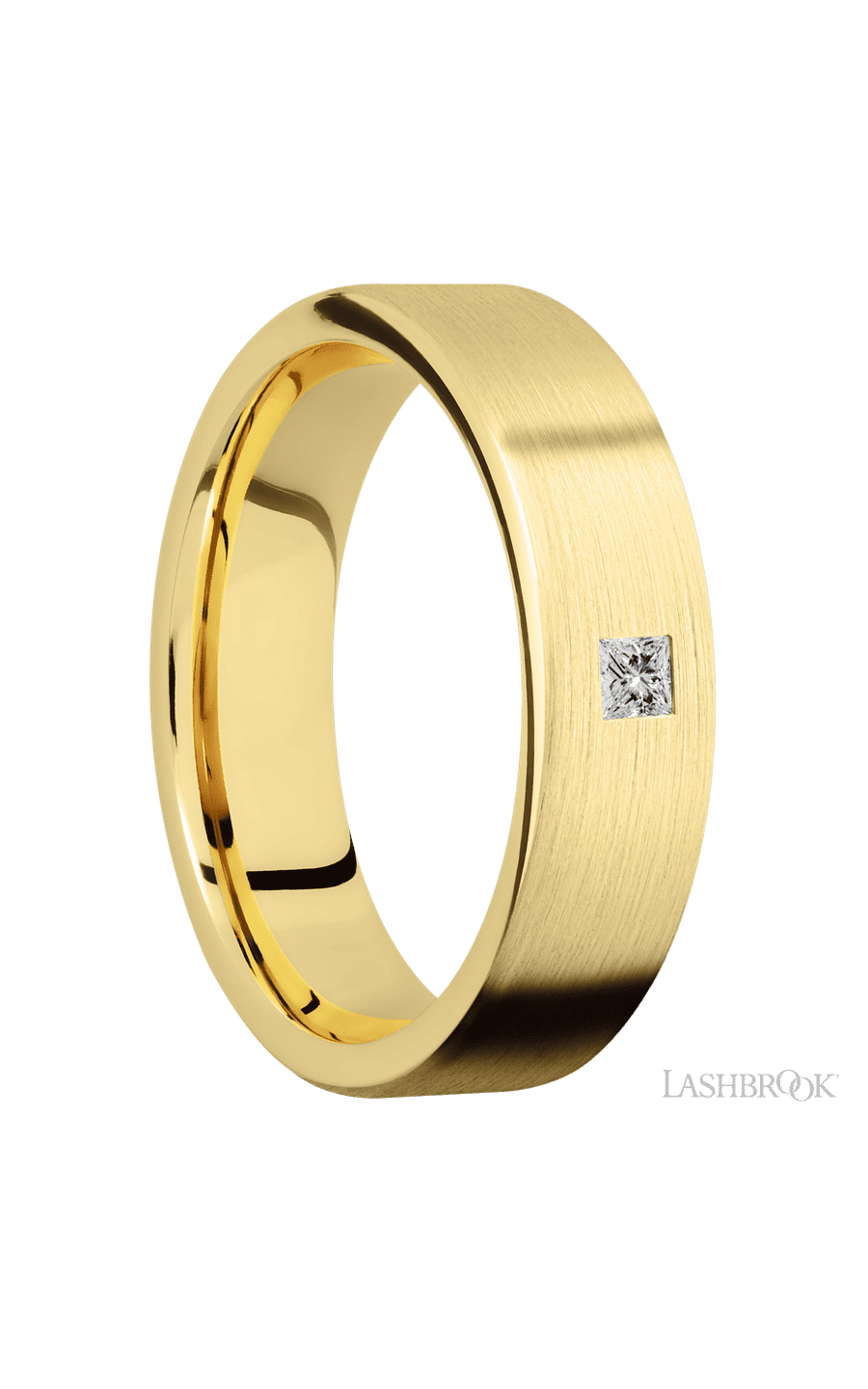 6 mm wide/Flat/14K Yellow Gold band with an  arrangement of 1, .1 carat Princess Diamond stones in a Flush setting.