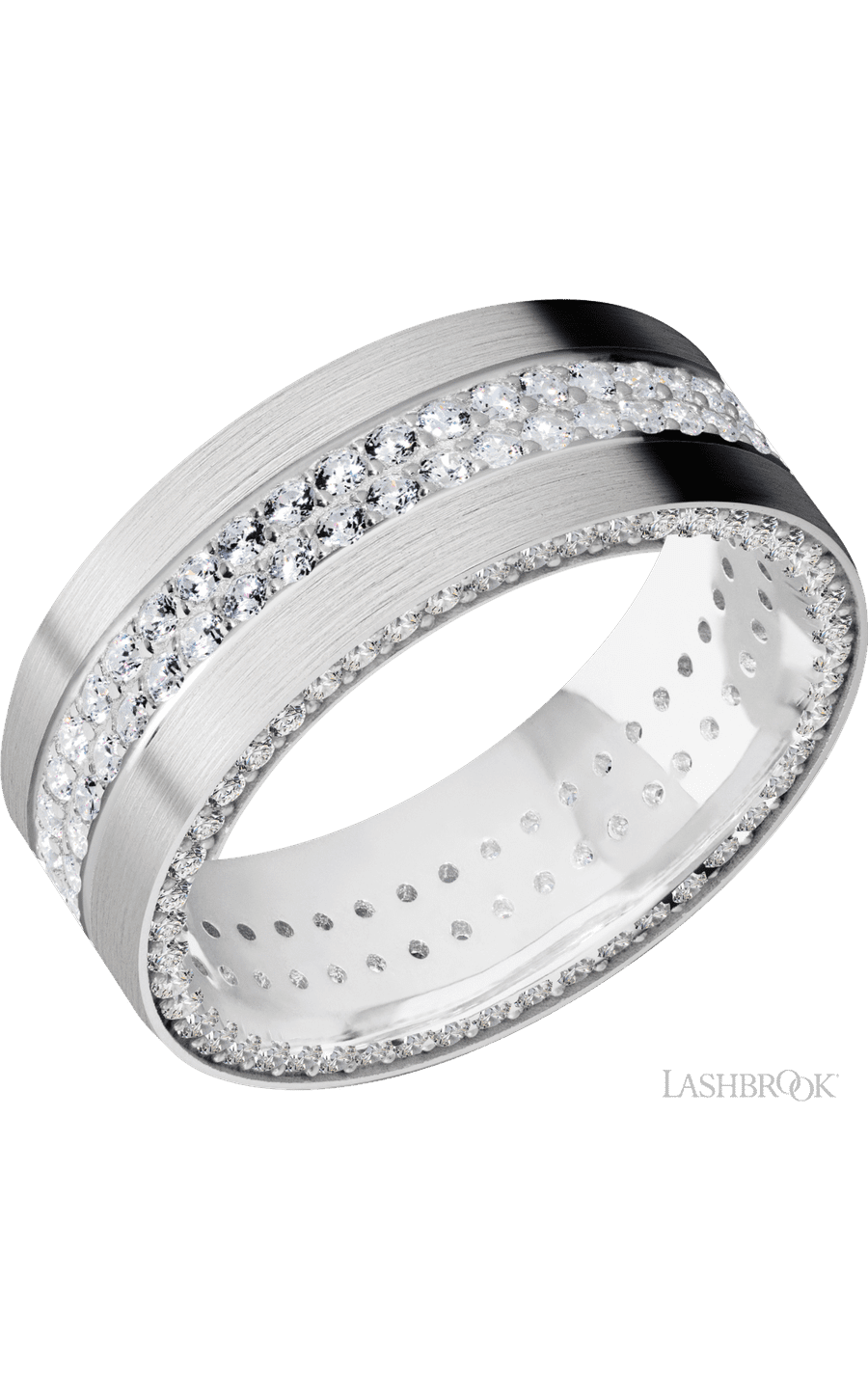 8 mm wide/Flat/14K White Gold band with a Side Eternity arrangement of .01 carat Round Diamond stones in a Bead Channel setting and featuring a a 2 Row Eternity arrangement of .015 carat Round Diamond stones in a Bead Channel setting