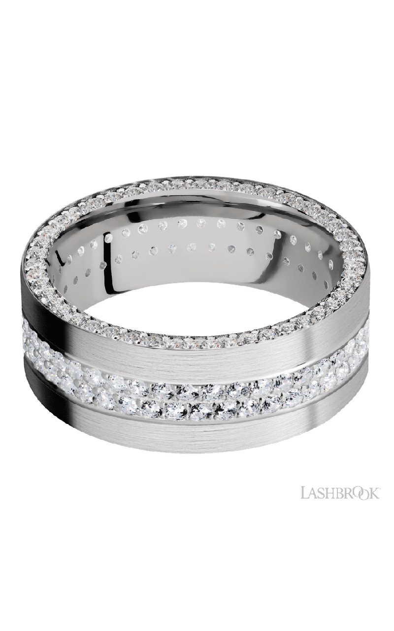 8 mm wide/Flat/14K White Gold band with a Side Eternity arrangement of .01 carat Round Diamond stones in a Bead Channel setting and featuring a a 2 Row Eternity arrangement of .015 carat Round Diamond stones in a Bead Channel setting
