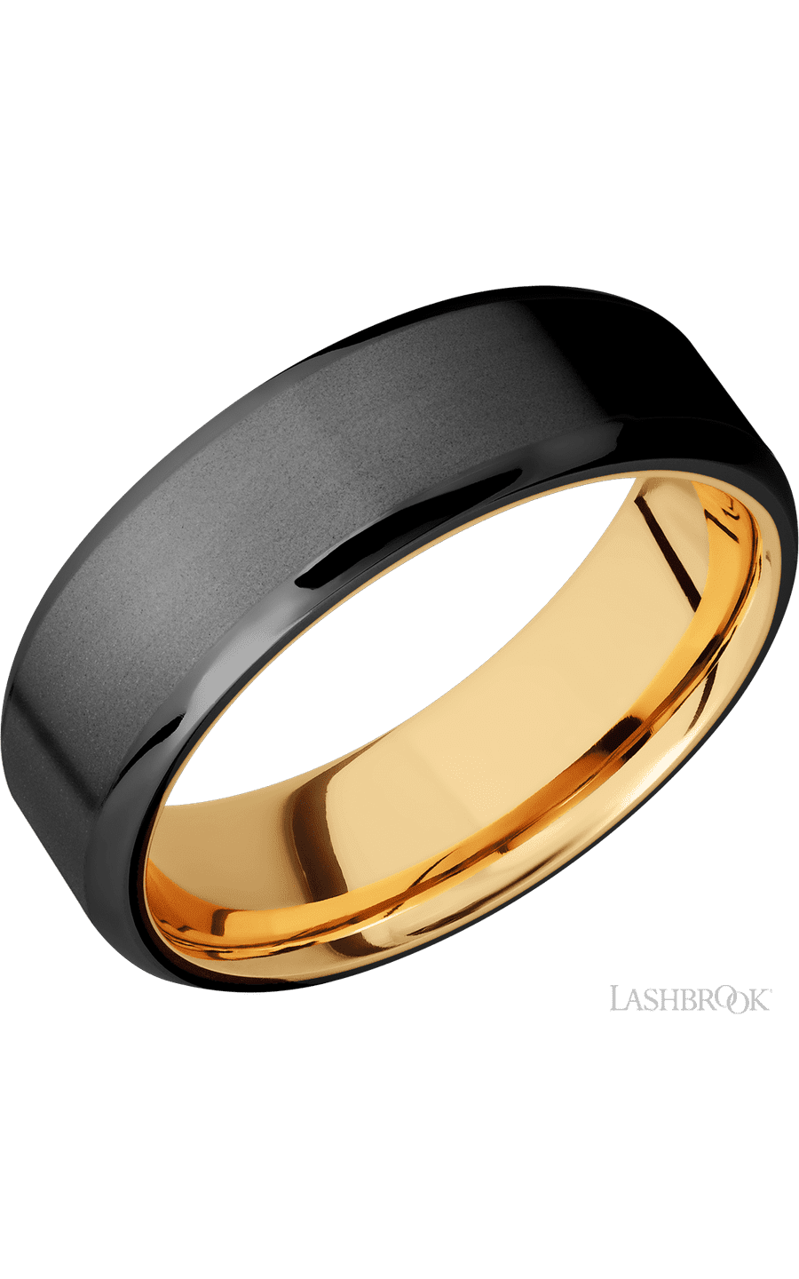 7 mm wide Beveled Zirconium band featuring a 14K Yellow Gold sleeve.