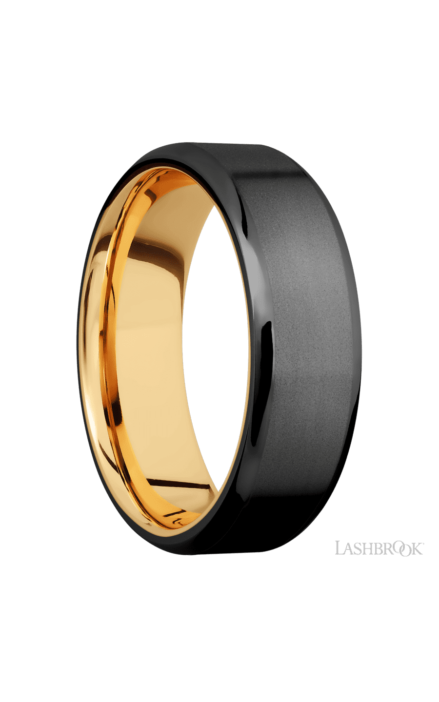 7 mm wide Beveled Zirconium band featuring a 14K Yellow Gold sleeve.