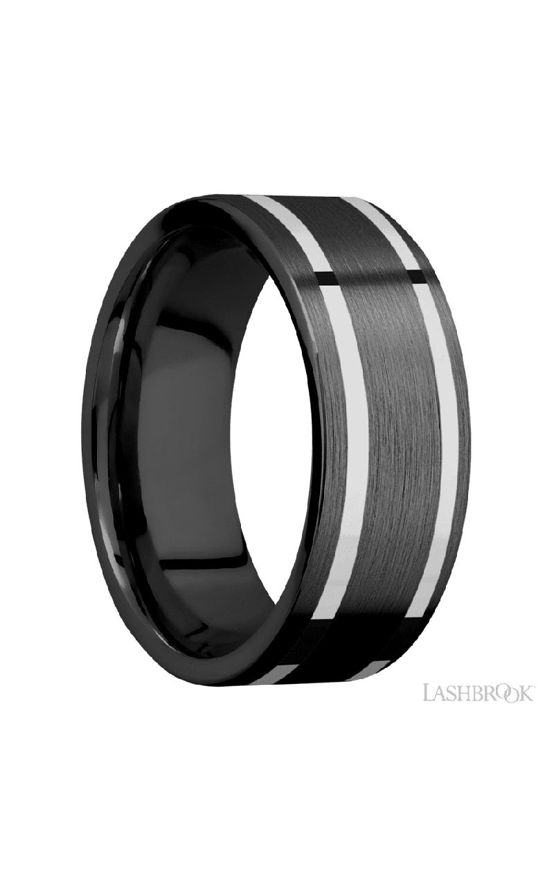 8 mm wide/Flat/Zirconium band with two 1 mm Wide inlays of 14K White Gold.