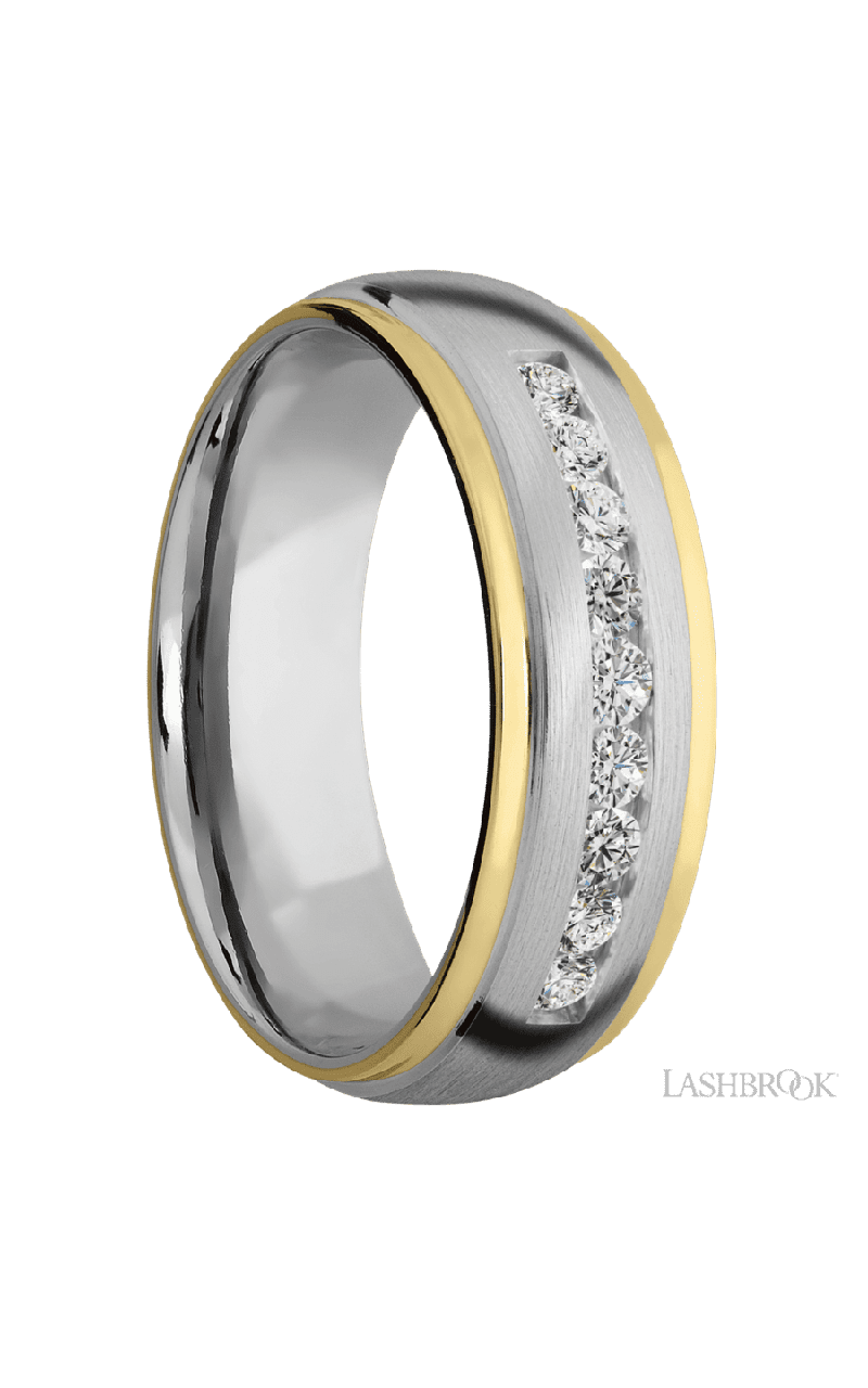 7 mm wide/Domed Stepped Down Edges/Cobalt Chrome band with an  arrangement of 9, .05 carat Round Lab Grown Diamond stones in a Channel setting and featuring two 1 mm Edge inlays of 14K Yellow Gold