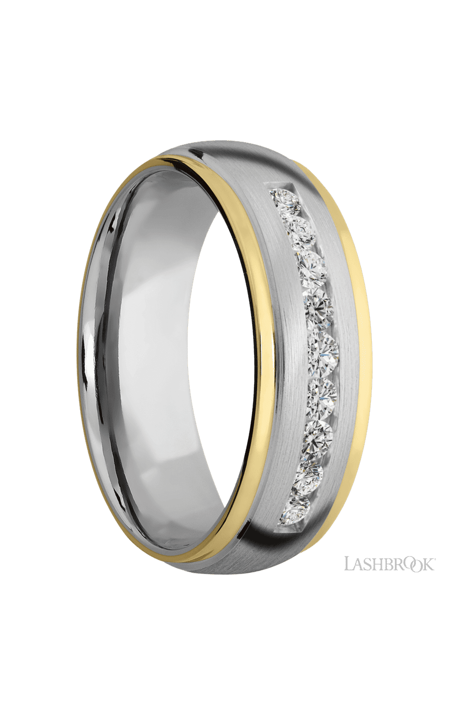 7 mm wide/Domed Stepped Down Edges/Cobalt Chrome band with an  arrangement of 9, .05 carat Round Lab Grown Diamond stones in a Channel setting and featuring two 1 mm Edge inlays of 14K Yellow Gold