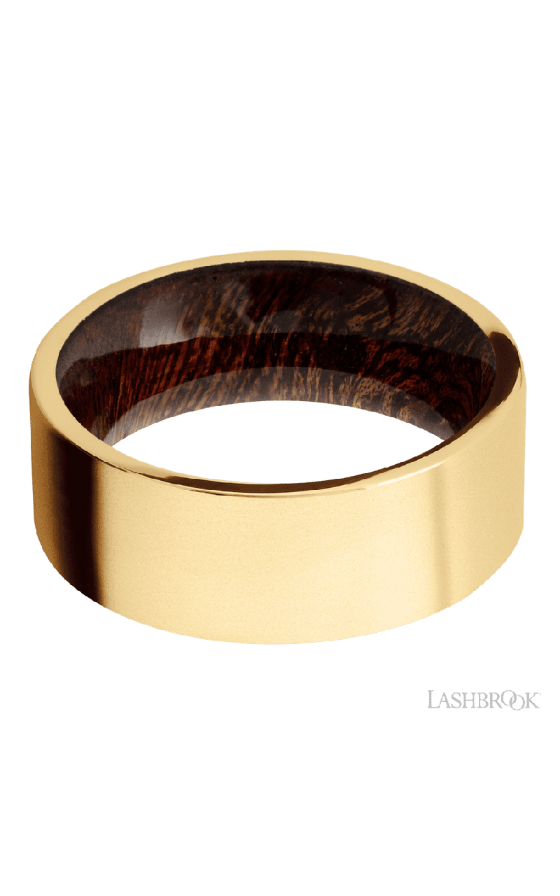 8 mm wide Flat 14K Yellow Gold band featuring a Sapele sleeve.