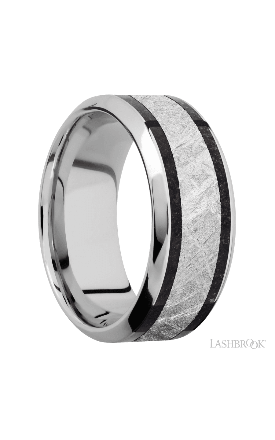 9 mm wide/High Bevel/Cobalt Chrome band featuring inlays of Dinosaur Bone Black and Meteorite.