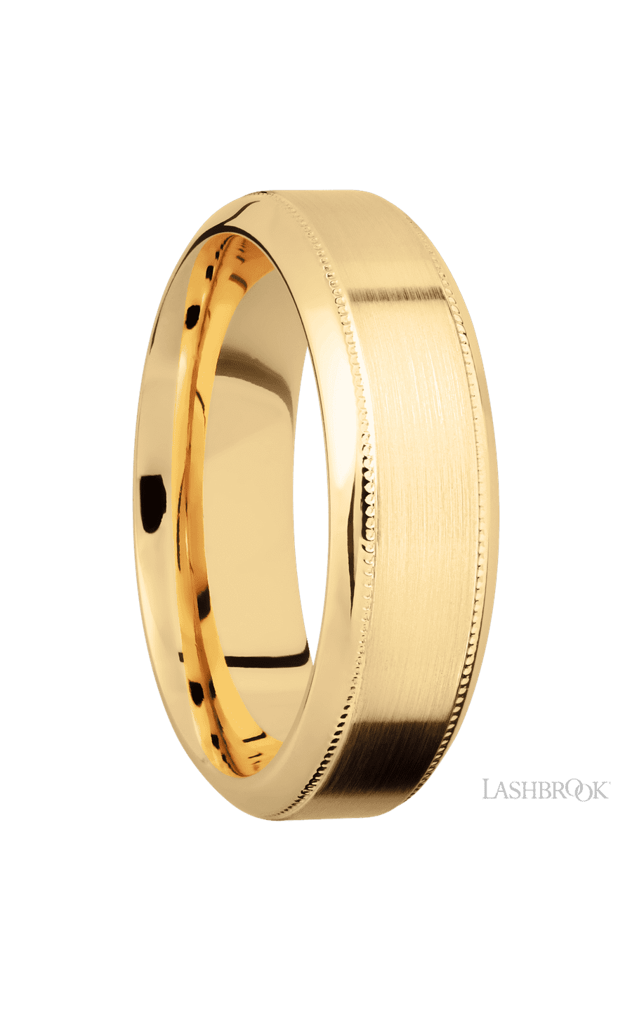 7 mm wide High Bevel Milgrain 14K Yellow Gold band.