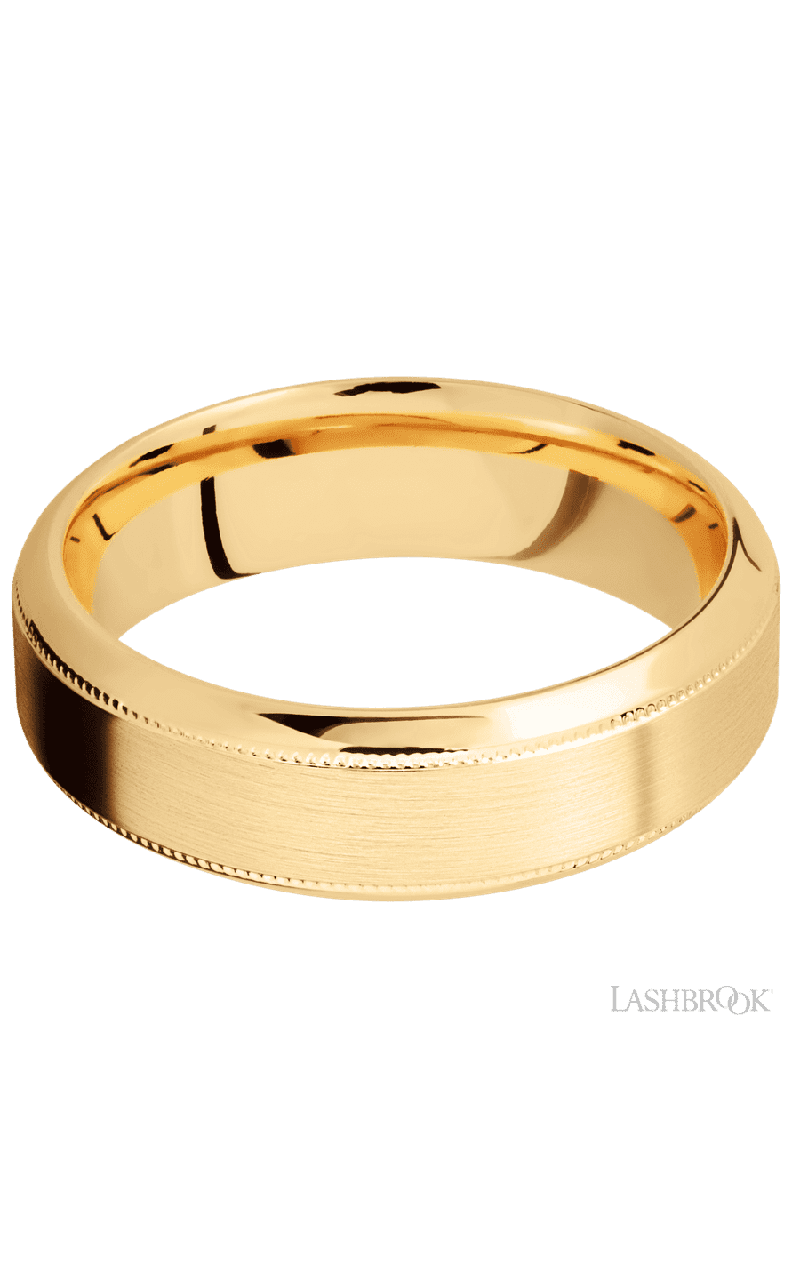7 mm wide High Bevel Milgrain 14K Yellow Gold band.