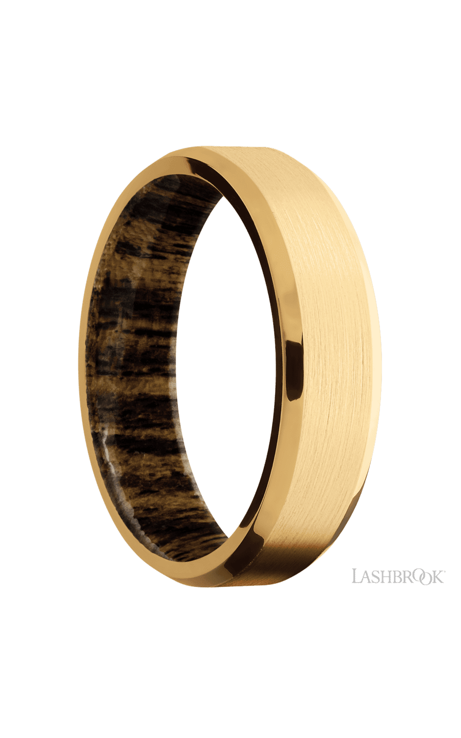 6 mm wide Beveled 18K Yellow Gold band featuring a Bocote sleeve.