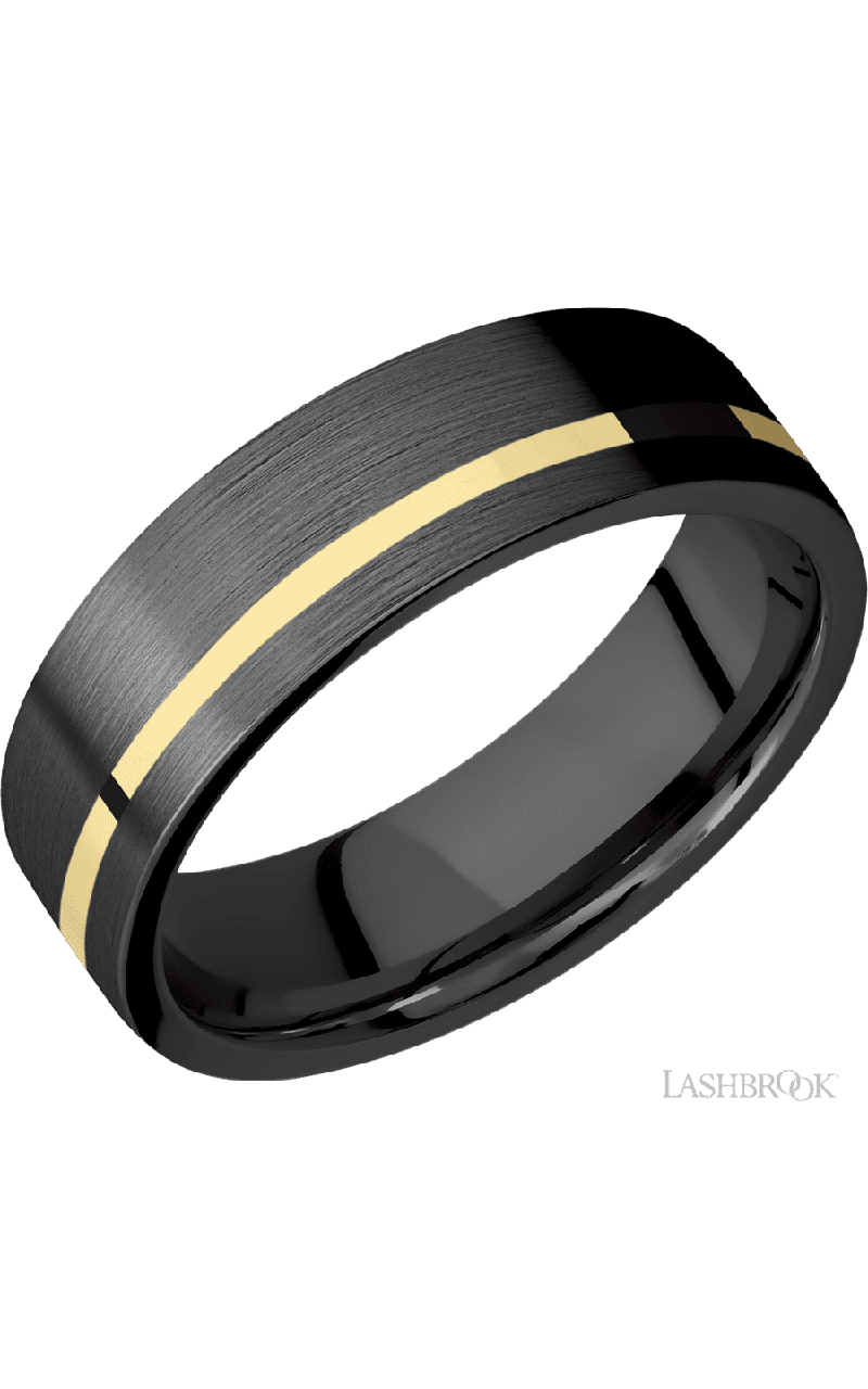 7 mm wide/Flat/Zirconium band with one 1 mm Off Center inlay of 14K Yellow Gold.