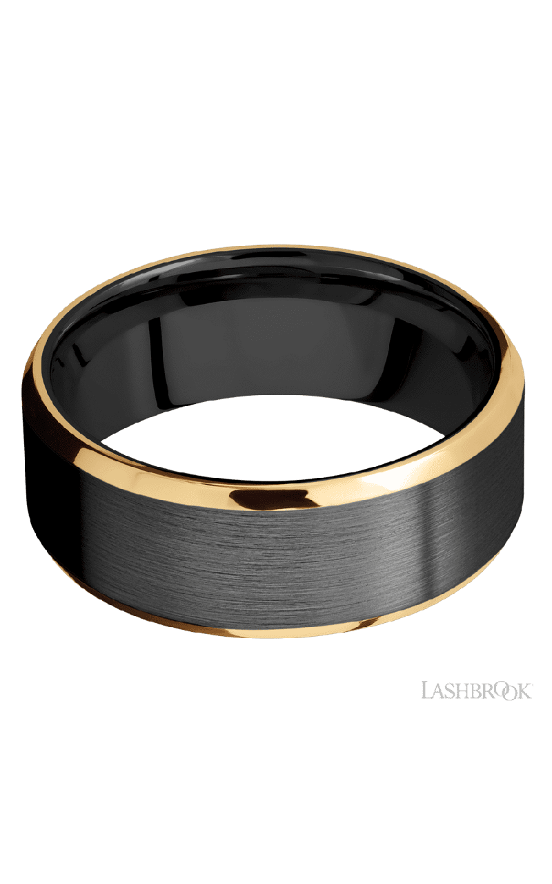 8 mm wide/Beveled/Zirconium band with two 1 mm Edge inlays of 14K Yellow Gold.