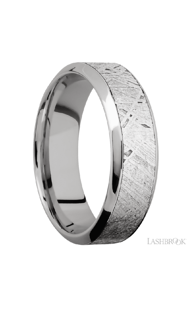 7 mm wide/High Bevel/18K White Gold band with one 4 mm Centered inlay of Meteorite.