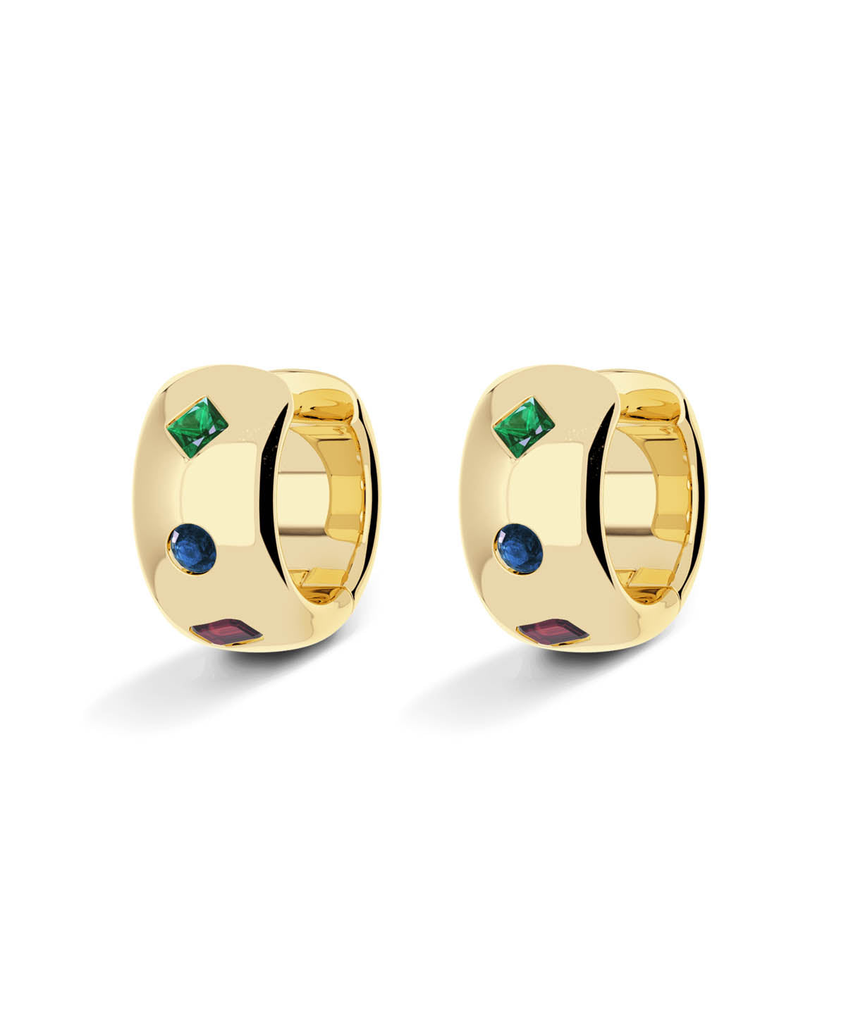 14K Yellow Gold Emerald, Sapphire, and Ruby Accented Mosaic Huggie Earrings