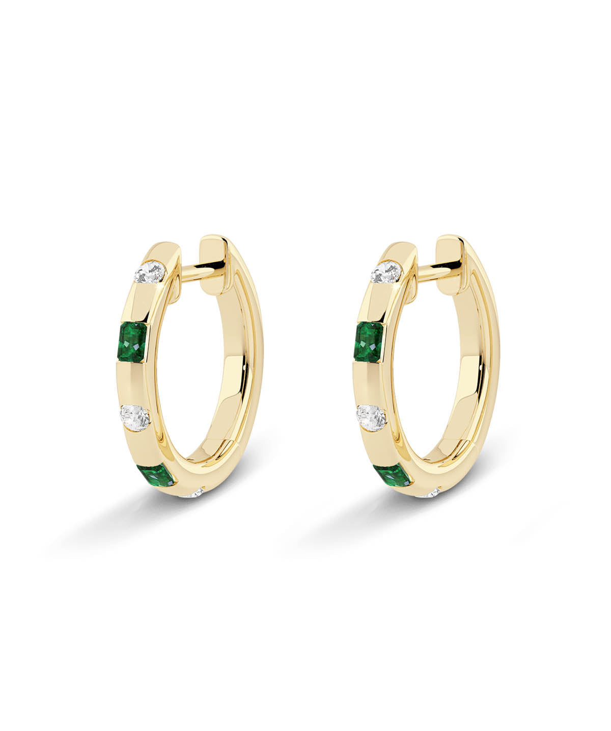 14K Yellow Gold Diamond and Emerald Duo Hoop Earrings