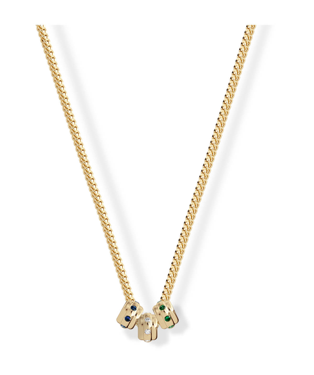 14K Yellow Gold Diamond, Emerald, and Sapphire Triple Bridge Bead Pendant Necklace