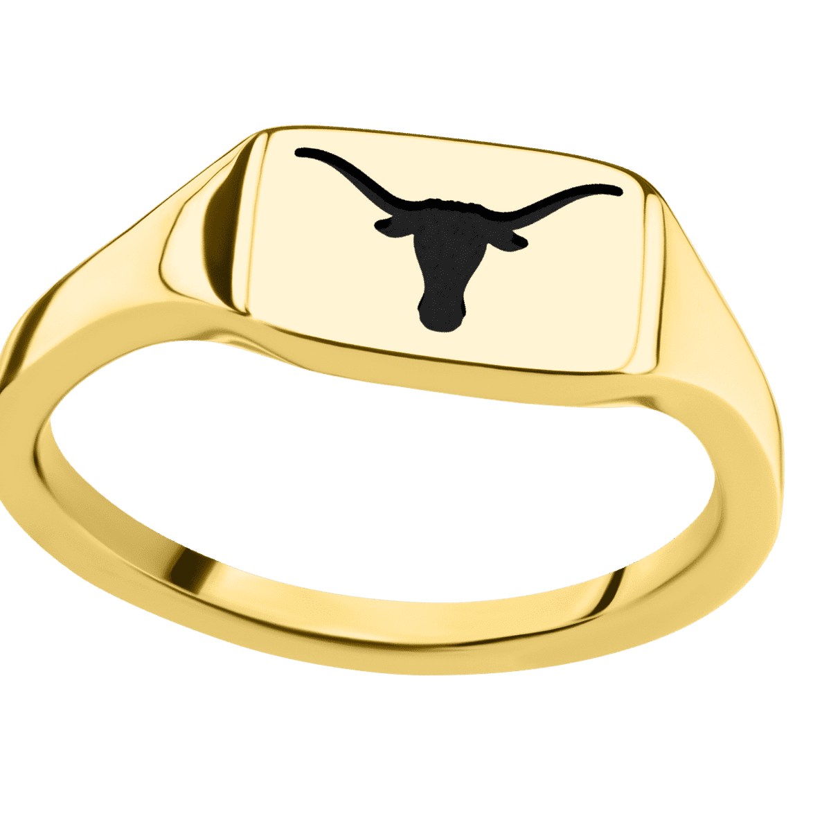 Small Horizontal Rectangle signet ring (12x9mm) in 14K Yellow Gold, with a Thin style band and a Texas Longhorn engraving.