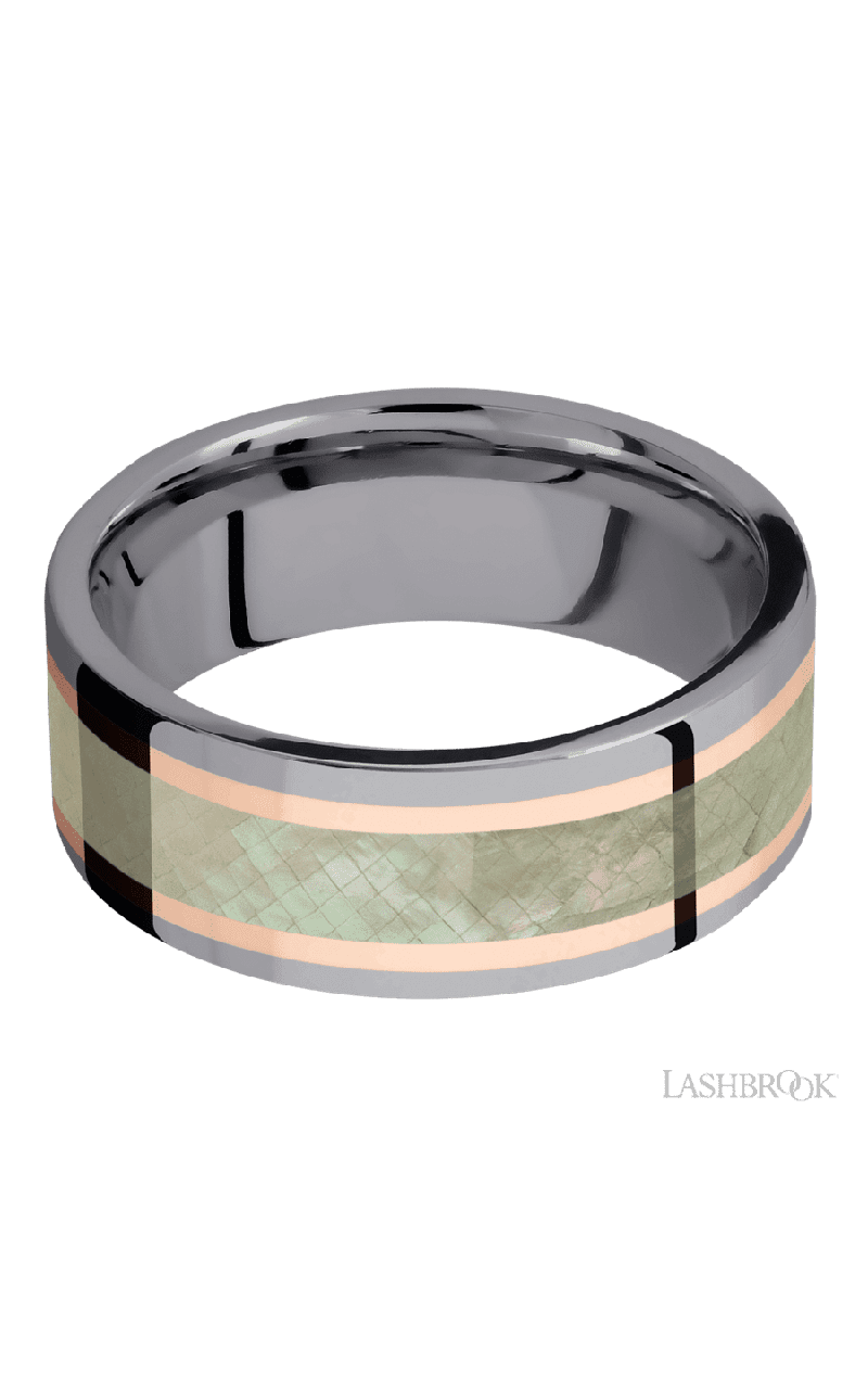 8 mm wide/Flat/Tantalum band featuring inlays of 14K Rose Gold and Freshwater Mother of Pearl.