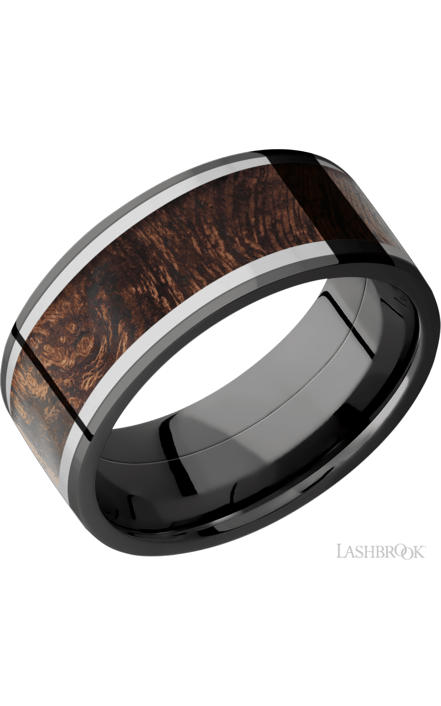 9 mm wide/Flat/Zirconium band featuring inlays of Titanium and Sapele.