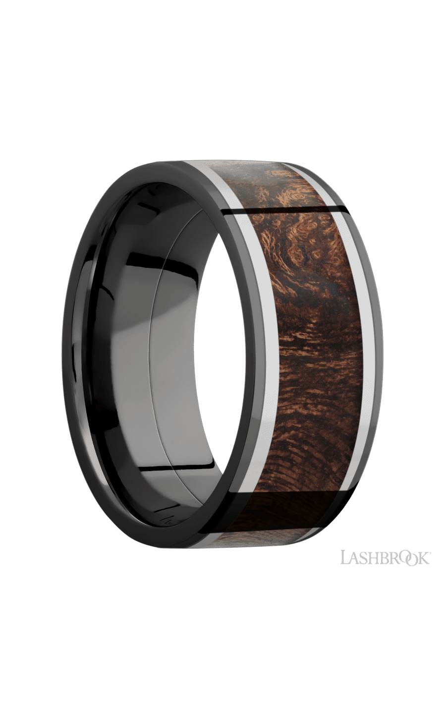 9 mm wide/Flat/Zirconium band featuring inlays of Titanium and Sapele.