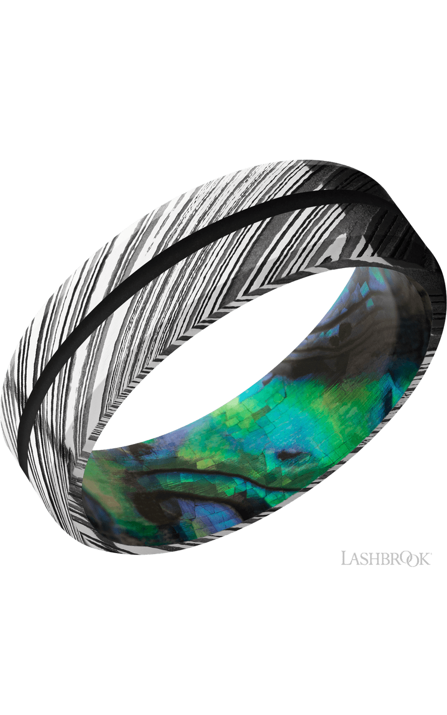 7 mm wide/Beveled/Woodgrain band with one 1 mm Centered inlay of Black also featuring a Abalone sleeve.