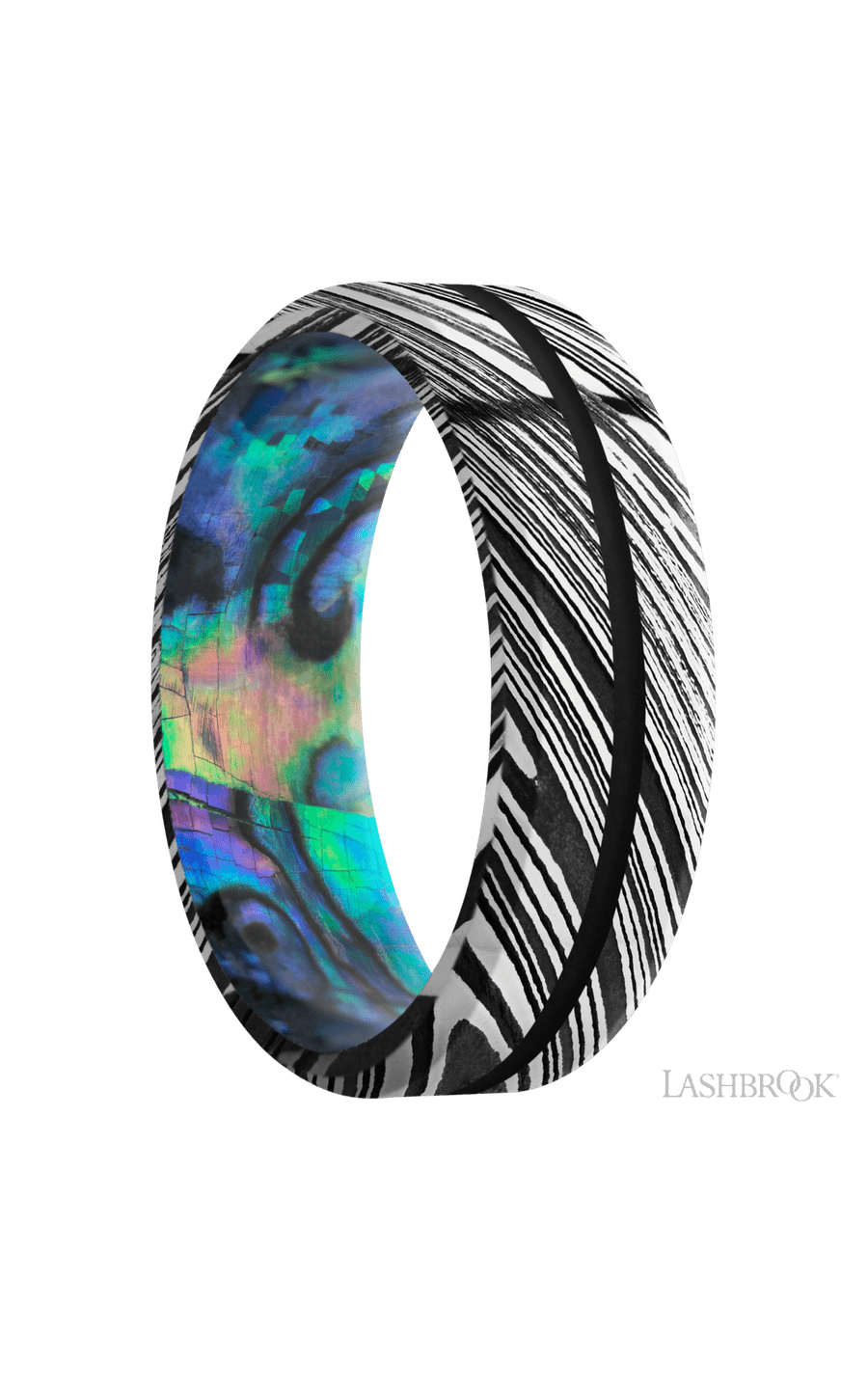 7 mm wide/Beveled/Woodgrain band with one 1 mm Centered inlay of Black also featuring a Abalone sleeve.