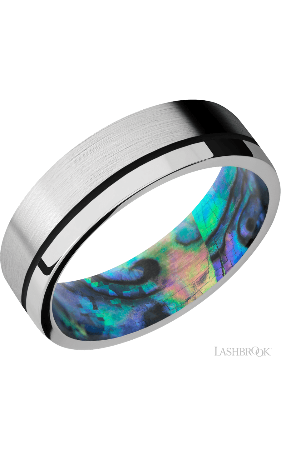 7 mm wide/Flat/14K White Gold band with one 0.5 mm Off Center inlay of Black also featuring a Abalone sleeve.