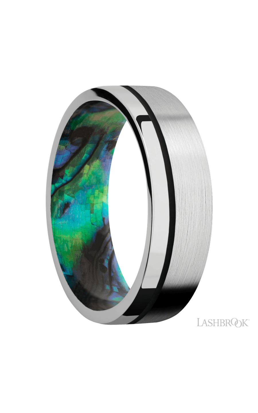 7 mm wide/Flat/14K White Gold band with one 0.5 mm Off Center inlay of Black also featuring a Abalone sleeve.
