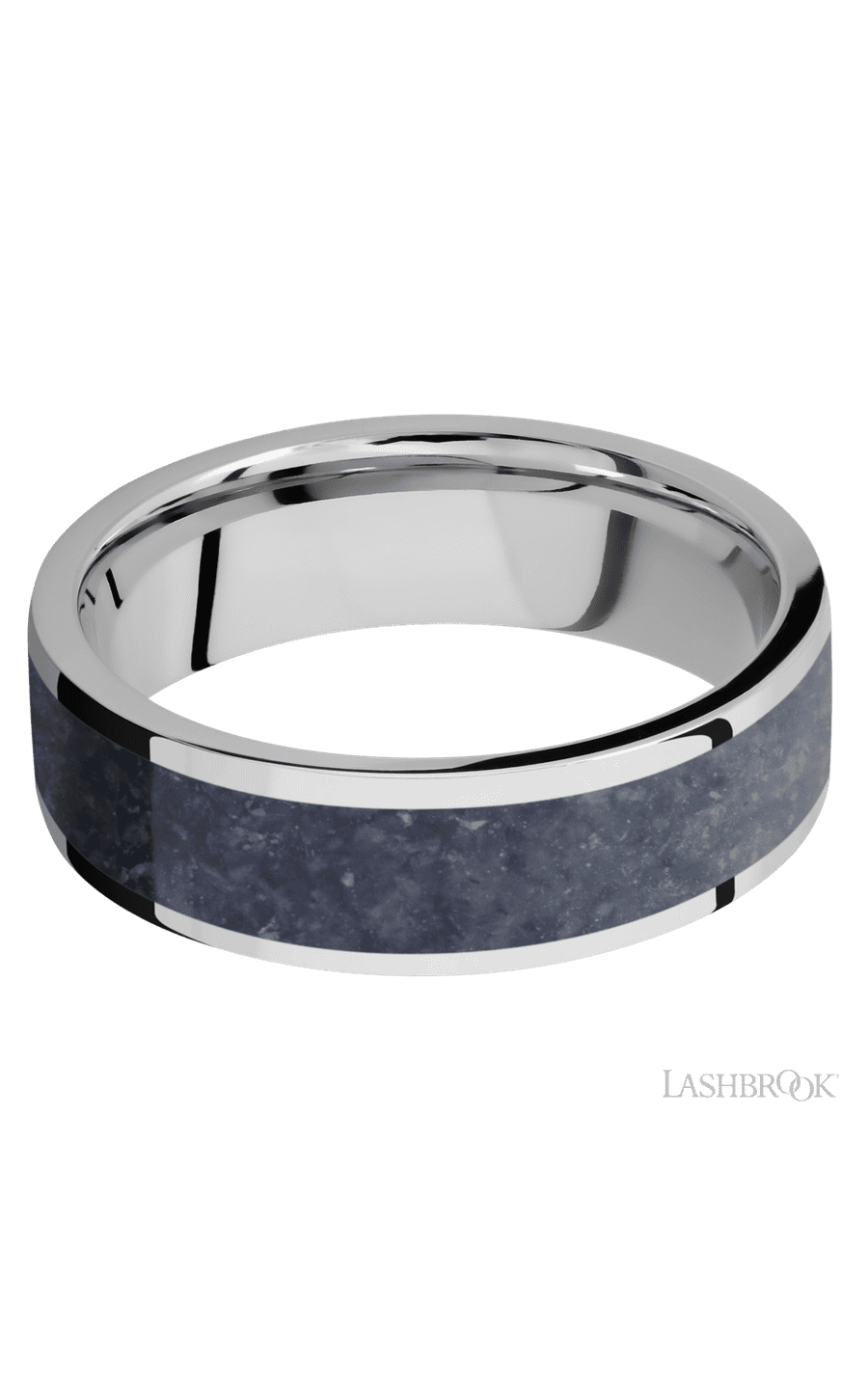 7 mm wide/Flat/Cobalt Chrome band with one 5 mm Centered inlay of Sodalite.