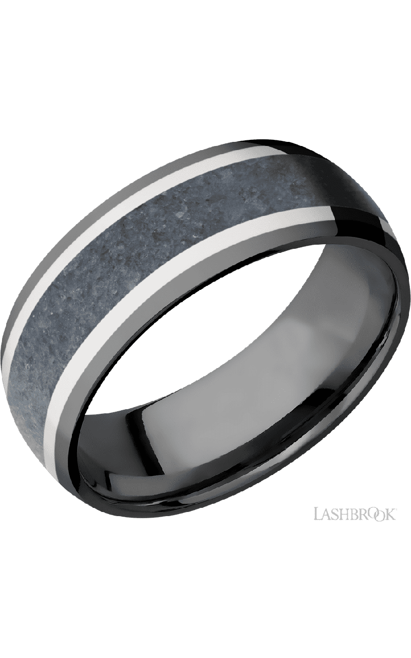 8 mm wide/Domed/Zirconium band featuring inlays of 14K White Gold and Blue Sapphire.