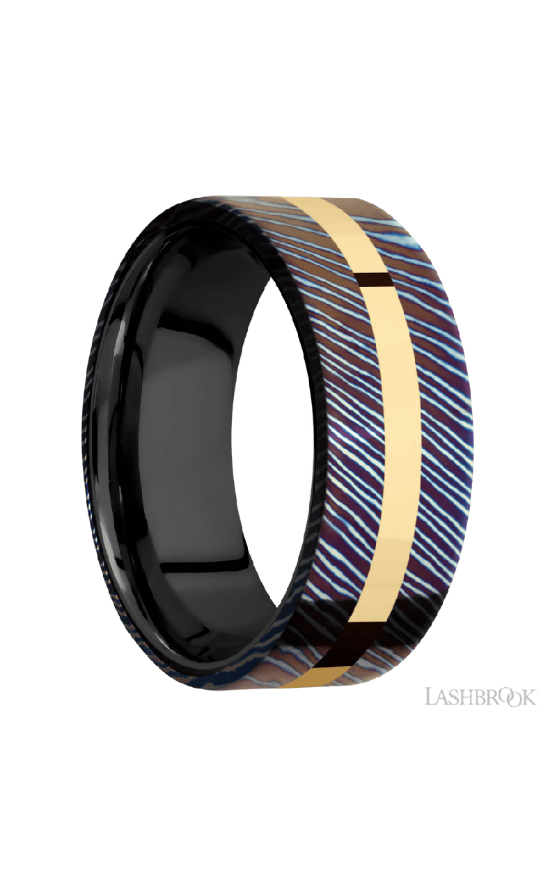 8 mm wide/Flat/Titanium Damascus band with one 2 mm Centered inlay of 14K Yellow Gold also featuring a Zirconium sleeve.