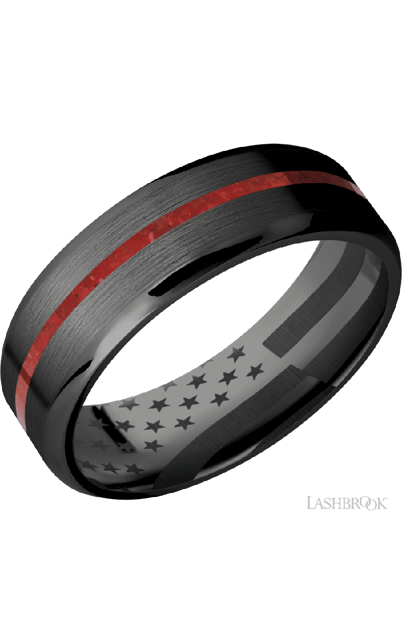 7 mm wide/Beveled/Zirconium band with one 1 mm Centered inlay of Coral.