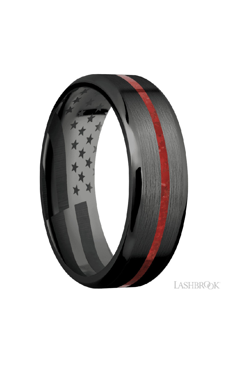 7 mm wide/Beveled/Zirconium band with one 1 mm Centered inlay of Coral.