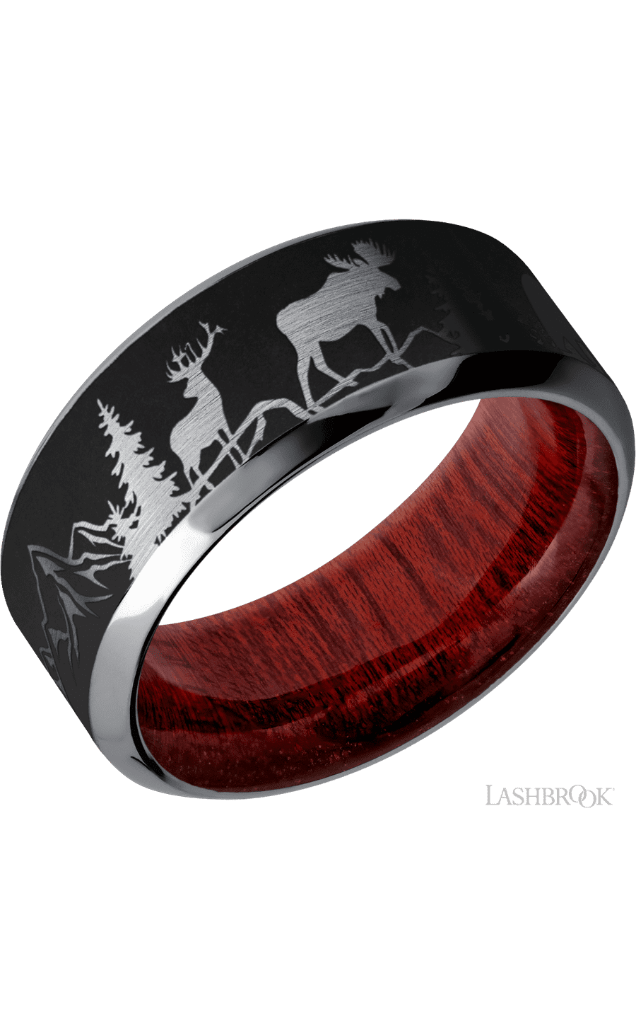9 mm wide/High Bevel/Tantalum band with a laser carved Bear Moose Deer Mountain pattern also featuring a Blood Wood sleeve.