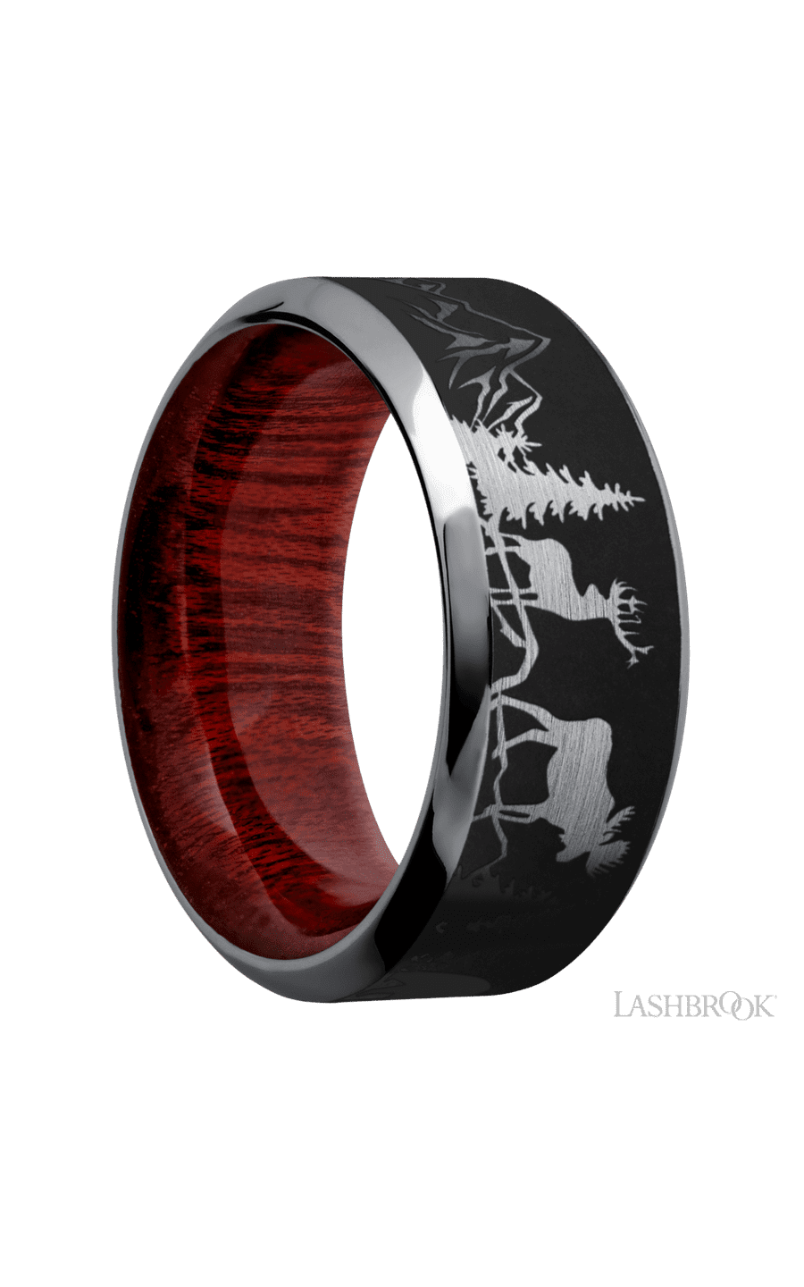 9 mm wide/High Bevel/Tantalum band with a laser carved Bear Moose Deer Mountain pattern also featuring a Blood Wood sleeve.