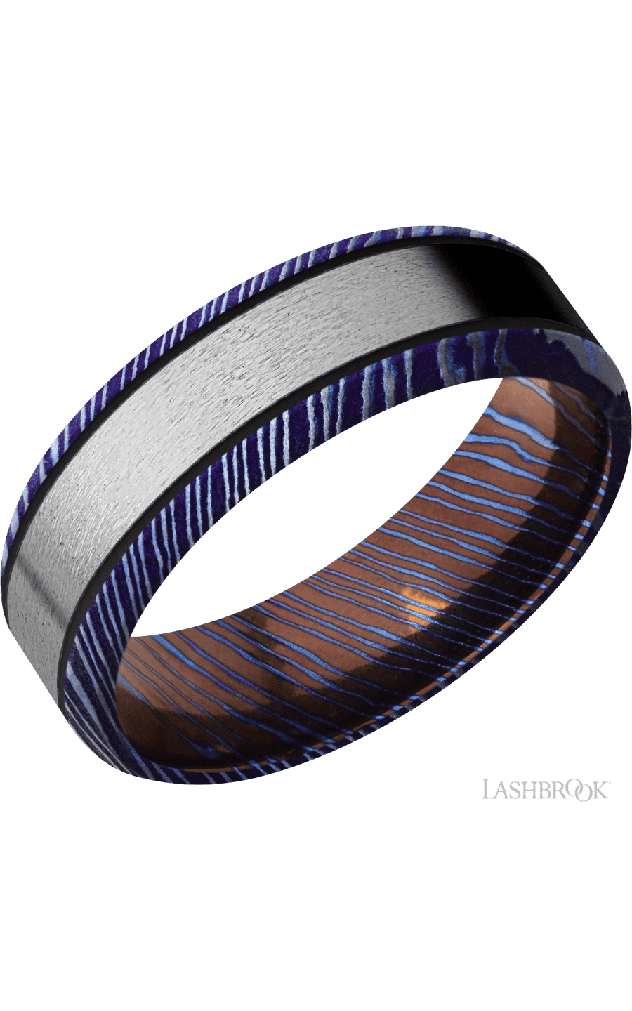 7 mm wide/Beveled/Titanium Damascus band with one 4 mm Centered inlay of Titanium.