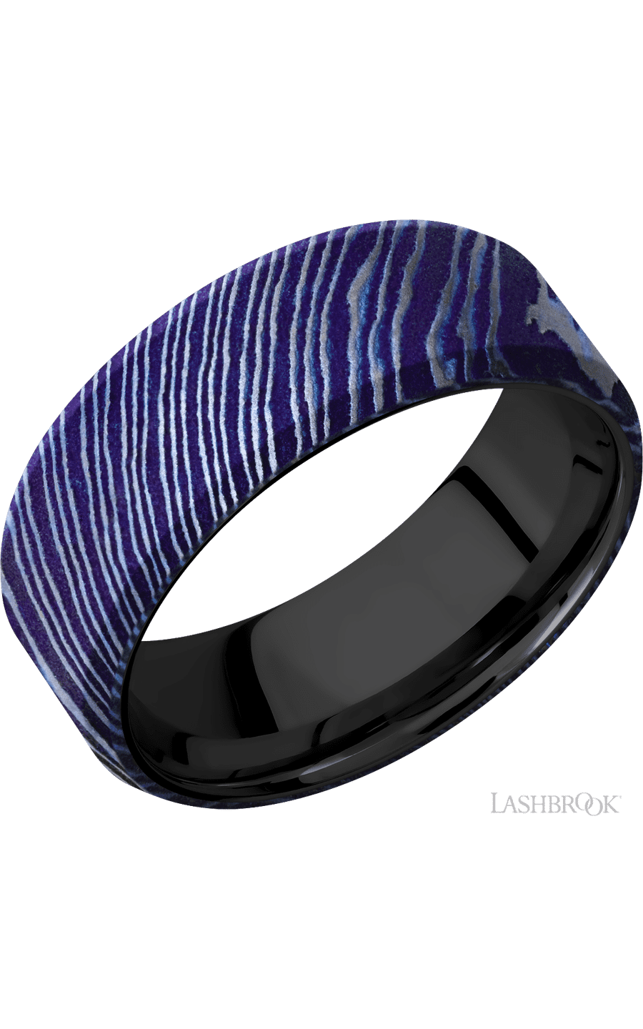 8 mm wide Beveled Titanium Damascus band featuring a Zirconium sleeve.