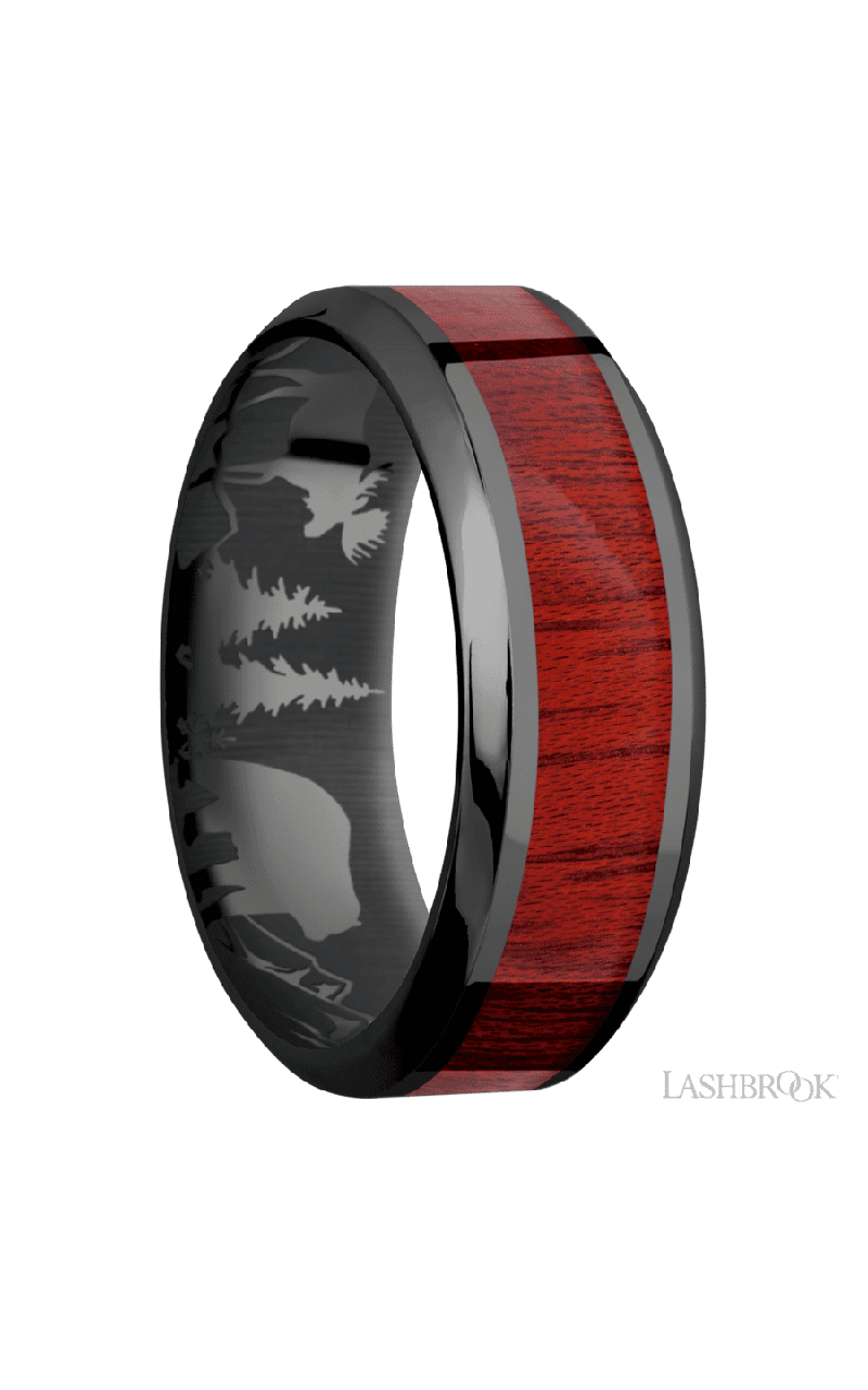 8 mm wide/High Bevel/Zirconium band with one 4 mm Centered inlay of Blood Wood.