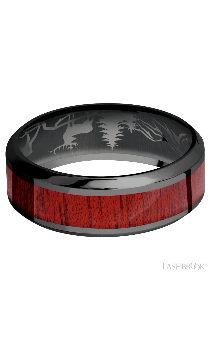 8 mm wide/High Bevel/Zirconium band with one 4 mm Centered inlay of Blood Wood.